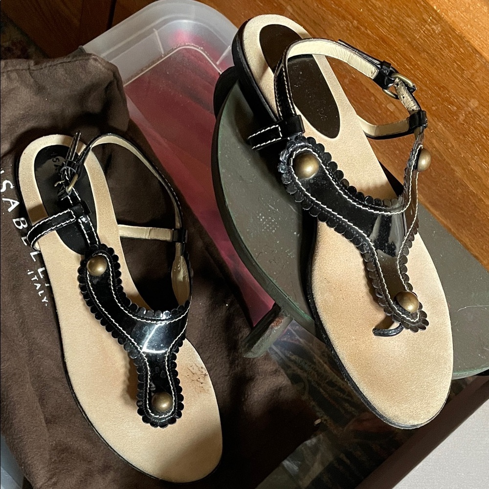 Isabella Fiore Zane Black Sandals with Tan Soles and Gold Studs